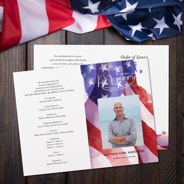 Celebration of Life Photo US Flag Funeral Program  Flyer (In Loving Memory Photo United States flag funeral memorial program flyer)