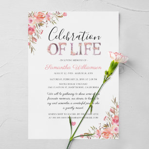 Celebration of Life Pink Floral Funeral Invitation