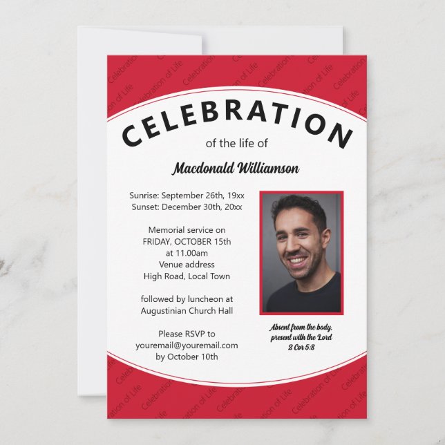 CELEBRATION OF LIFE Red Photo Memorial  Invitation (Front)