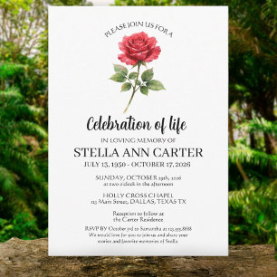Celebration of Life Red Rose Floral Funeral  Invitation