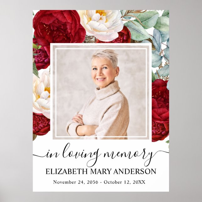 Celebration of Life Red White Roses Photo Poster (Front)