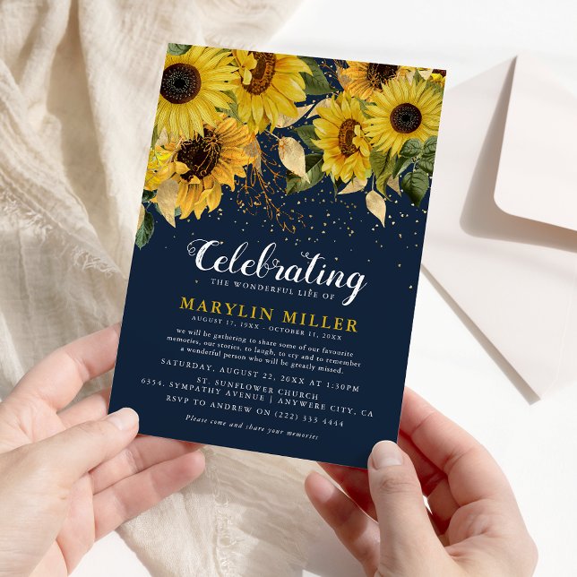 Celebration of Life Rustic Sunflower, Navy & Gold  Invitation (Creator Uploaded)