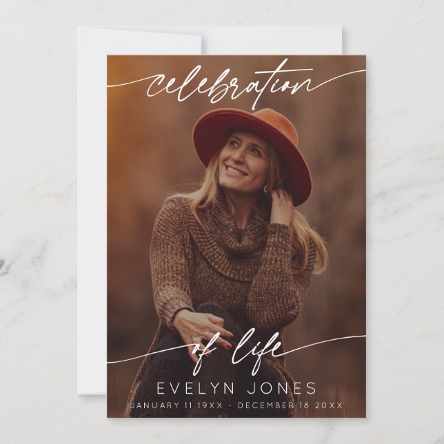 Celebration of Life Script Funeral Photo | Black Thank You Card (Front)
