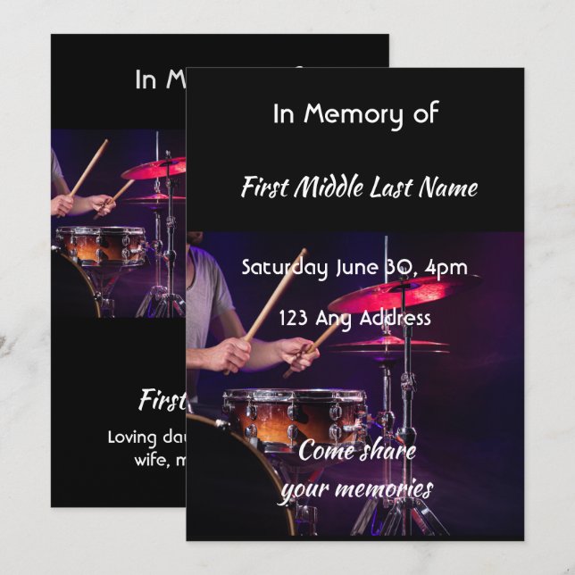 Celebration of Life Service Drummer Drums Band  Invitation (Front/Back)