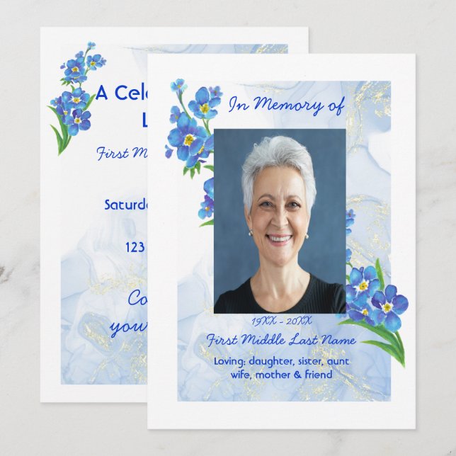 Celebration of Life Service Forget me Not" Flowers Invitation (Front/Back)