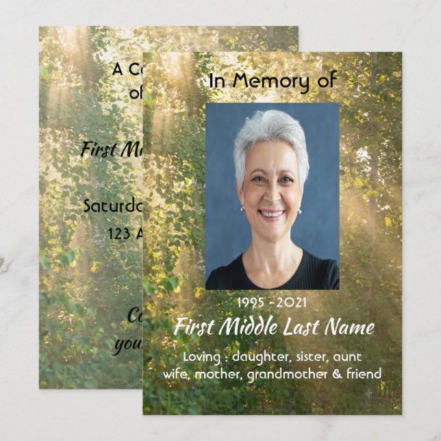 Celebration of Life Service Sunshine Golden Forest Invitation (Front/Back)