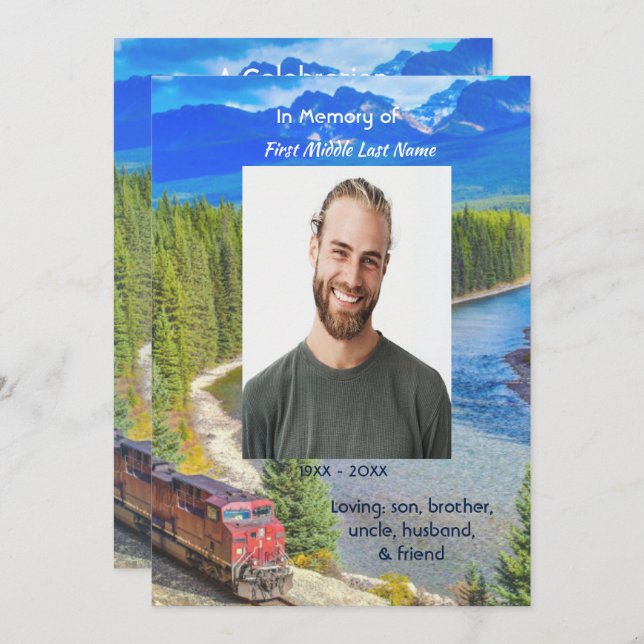 Celebration of Life Service Train Rail Railway Invitation (Front/Back)