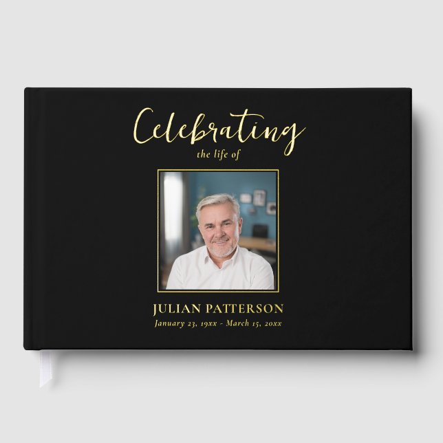 Celebration of Life Simple Photo Gold Foil Funeral Guest Book (Front)