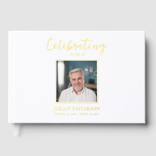 Celebration of Life Simple Photo Gold Foil Funeral Guest Book