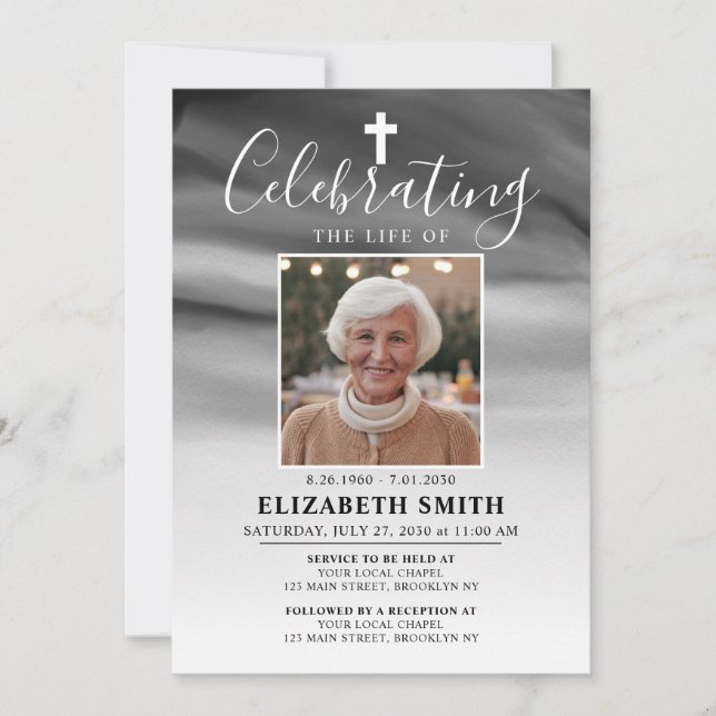 Celebration of Life Slate Grey Ombre Photo Funeral Invitation (Front)