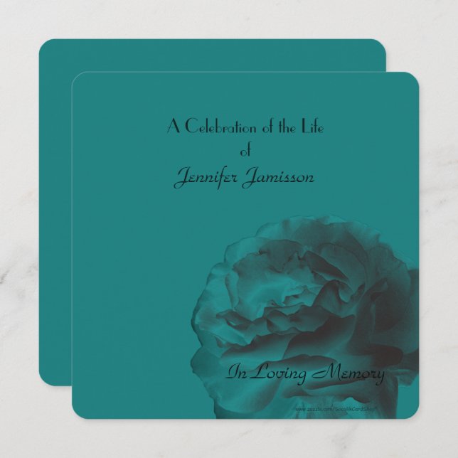 Celebration of Life Square Invite, Name, Teal Rose Invitation (Front/Back)