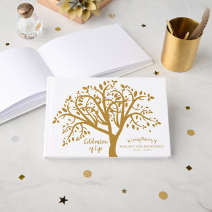 Celebration of Life Tree Modern Gold Script Guest Book