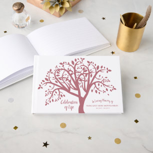 Celebration of Life Tree Modern Pink Script Guest Book