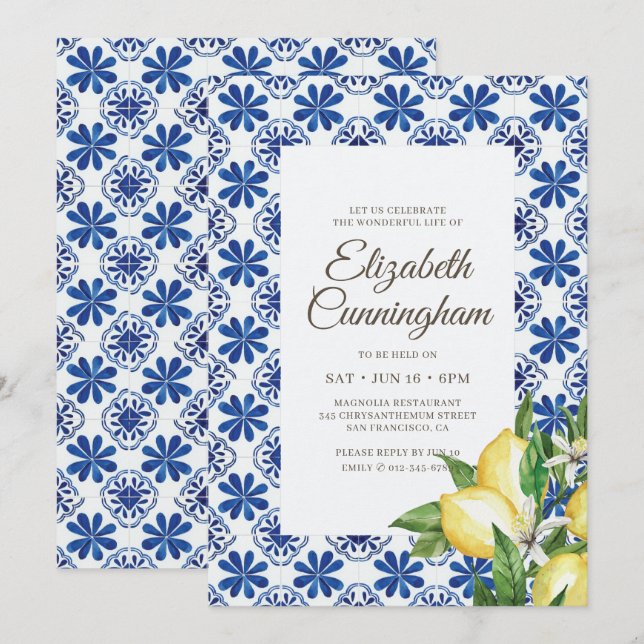 Celebration of Life Watercolor Mediterranean Tiles Invitation (Front/Back)