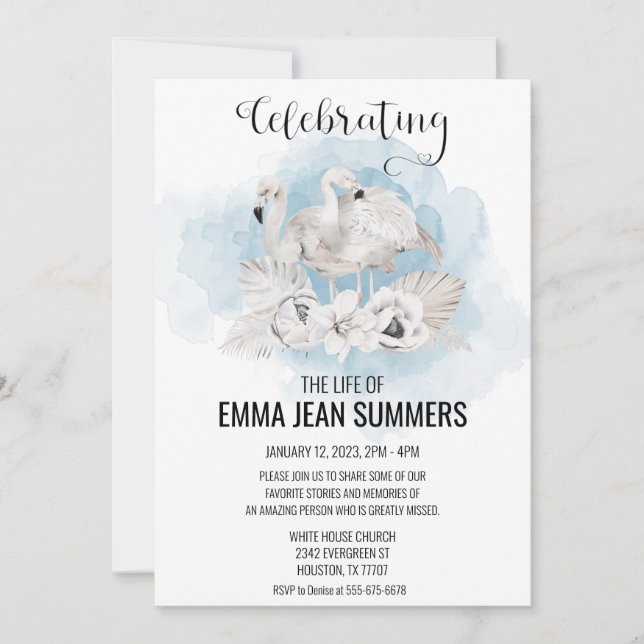 Celebration of Life White Flamingo Boho Tropical  Invitation (Front)
