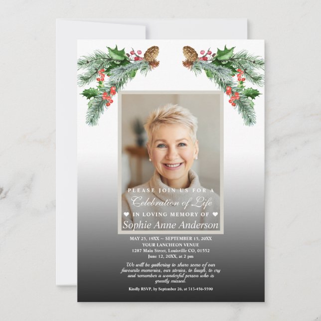 Celebration of Life Winter Bouquet Photo Memorial  Invitation (Front)