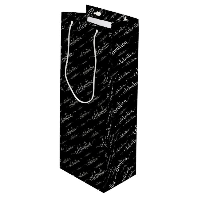 Celebration Script  Silver Pattern on black Wine Gift Bag (Front Angled)