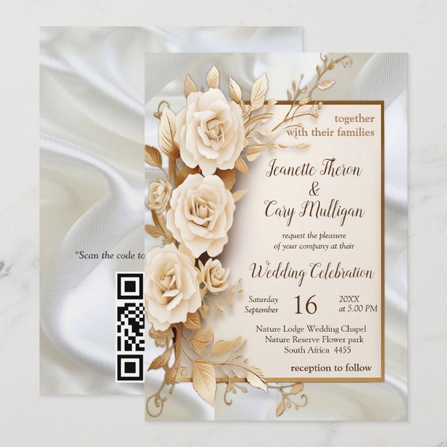 Celebrations with White Flowers and Pearls on silk Invitation (Front/Back)