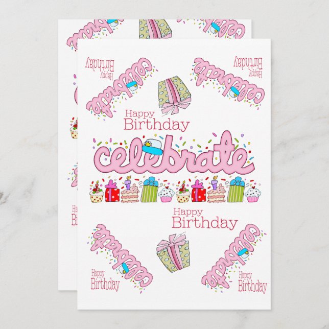Célébrez Pink Bonne Invitation Anniversaire (Devant / Derrière)