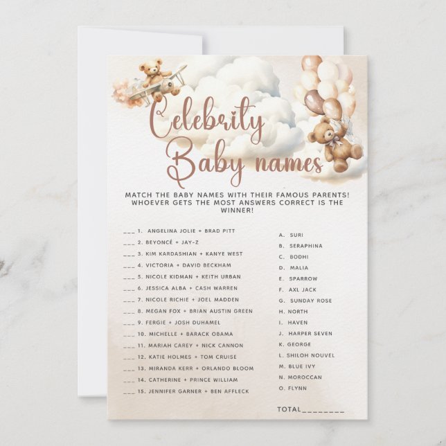 CELEBRITY BABY NAMES Baby Shower Game Cute Bear Invitation (Front)