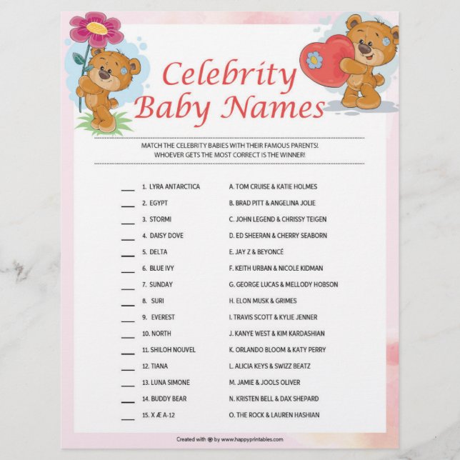 Celebrity Baby Names [Teddy Bears] Letterhead (Front)