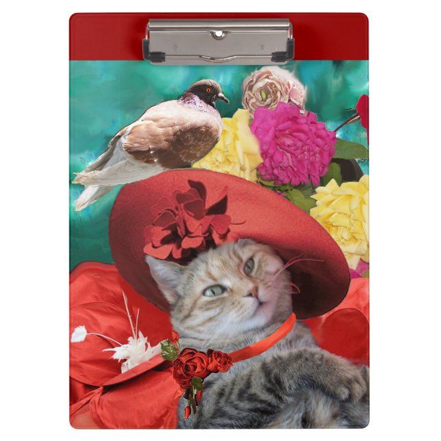 CELEBRITY CAT PRINCESS TATUS, RED HAT WITH PIGEON CLIPBOARD (Front)