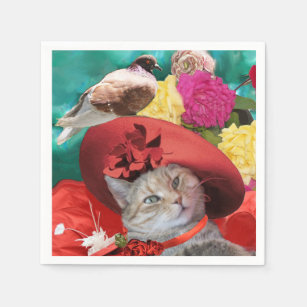 CELEBRITY CAT PRINCESS TATUS, RED HAT WITH PIGEON NAPKIN