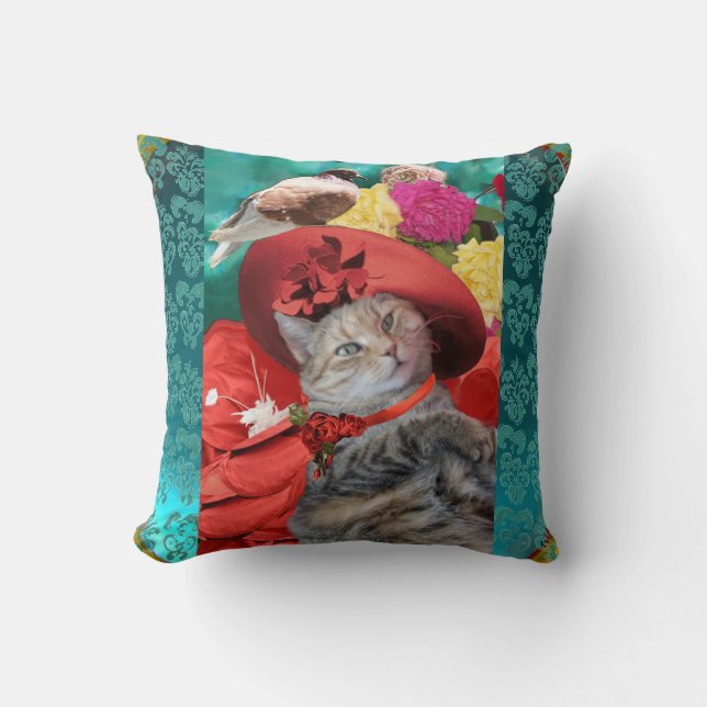CELEBRITY CAT PRINCESS TATUS, RED HAT WITH PIGEON THROW PILLOW (Front)