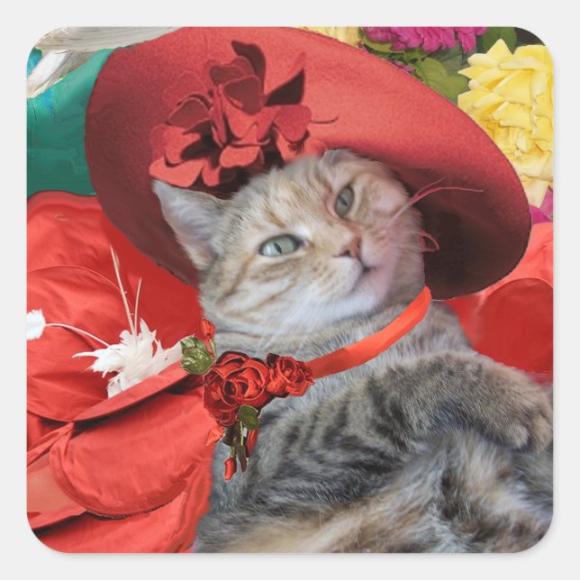 CELEBRITY CAT PRINCESS TATUS WITH RED HAT SQUARE STICKER (Front)