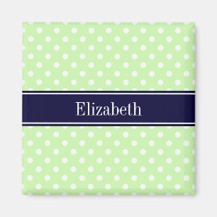 Celery and White Polka Dots Navy Name Monogram Magnet