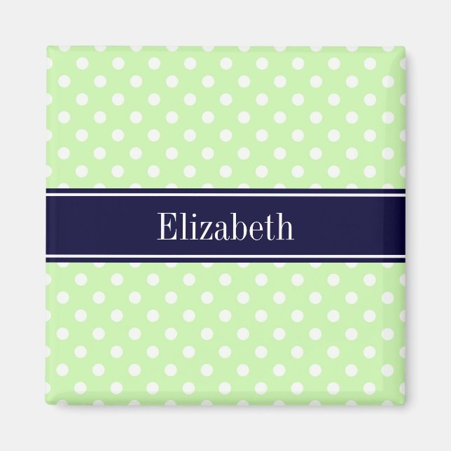 Celery and White Polka Dots Navy Name Monogram Magnet (Front)