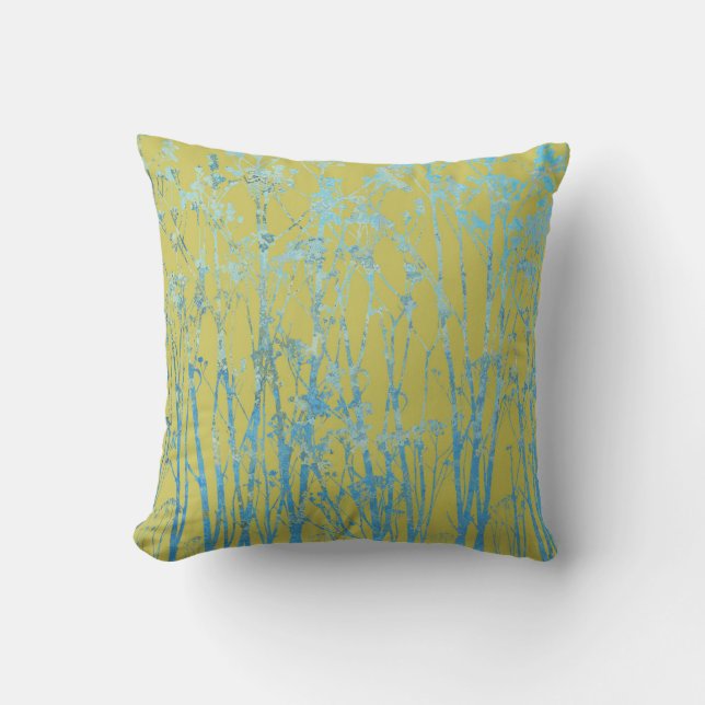 Celery Green and Blue Floral Throw Pillow (Front)