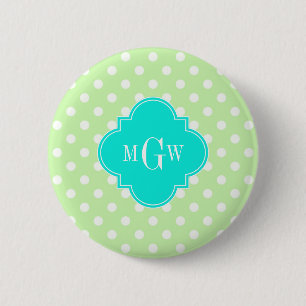Celery Polka Dot Aqua Quatrefoil 3 Monogram 2 Inch Round Button