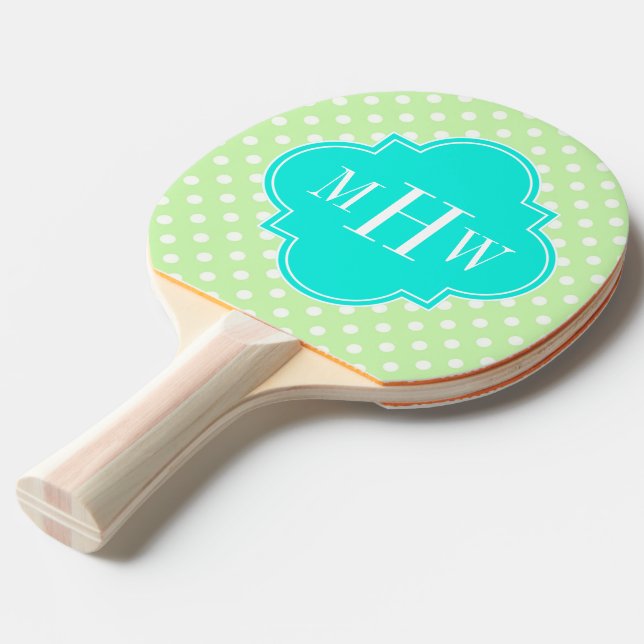 Celery Polka Dot Aqua Quatrefoil 3 Monogram Ping Pong Paddle (Front Angle)