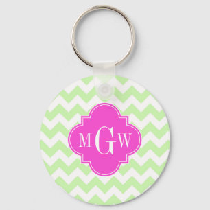 Celery Wht Chevron Hot Pink Quatrefoil 3 Monogram Keychain