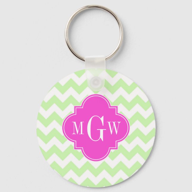 Celery Wht Chevron Hot Pink Quatrefoil 3 Monogram Keychain (Front)