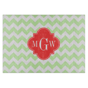 Celery Wihte Chevron Coral Quatrefoil 3 Monogram Cutting Board