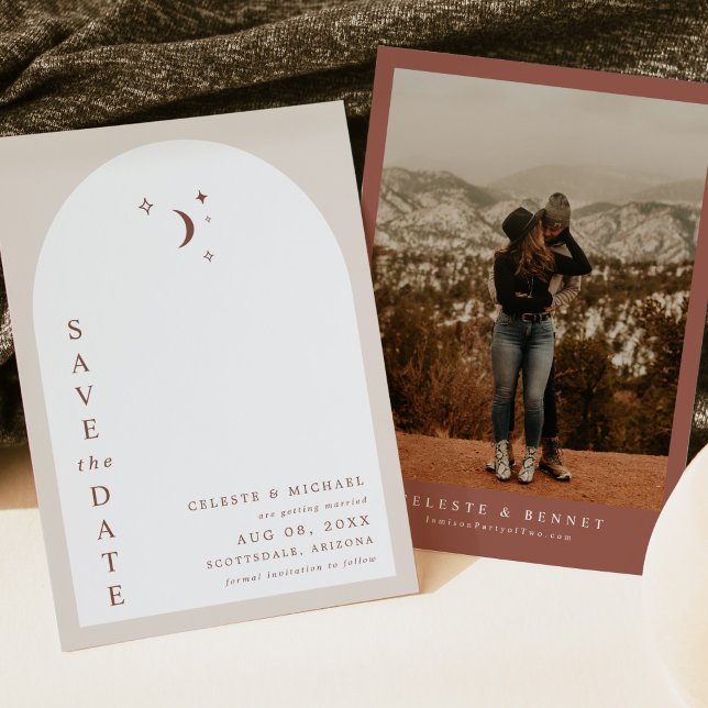 CELESTE Boho Moon & Stars Terracotta Save the Date Invitation (Creator Uploaded)