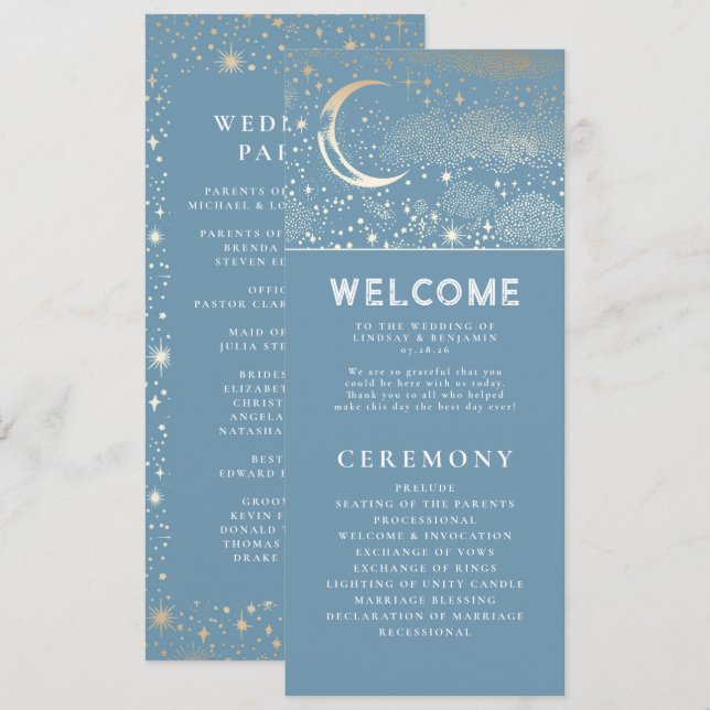 Céleste Dusty Blue et Gold Wedding Programmes (Devant / Derrière)