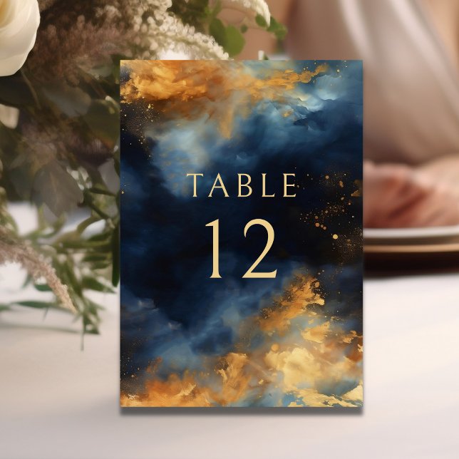 Celestial Abstract Blue Faux Gold Wedding Table Number (Creator Uploaded)
