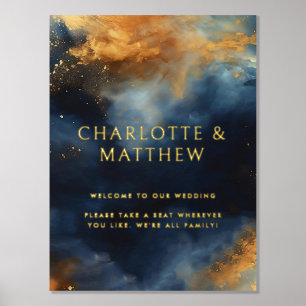 Celestial Abstract Blue Golden Wedding Welcome Foil Prints