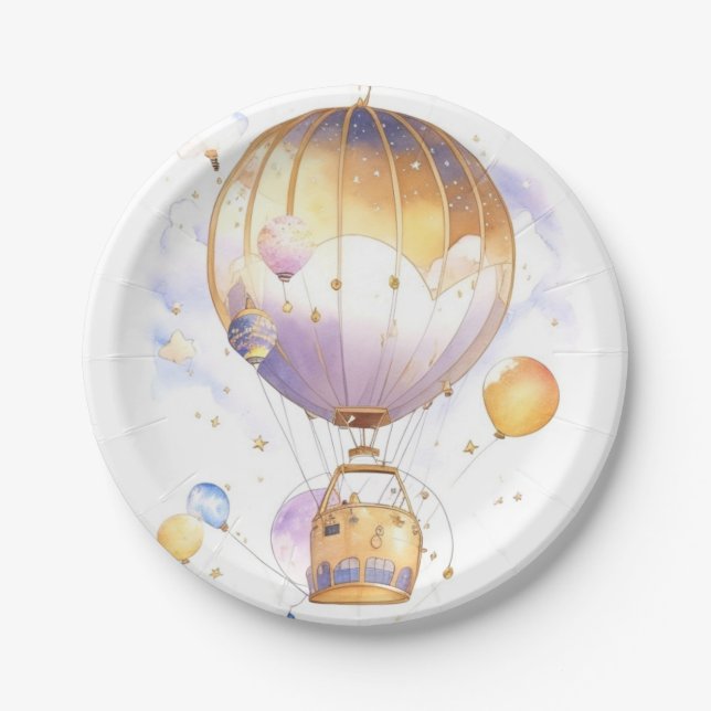 Celestial Adventure: Hot Air Balloon Baby Shower Paper Plate (Front)