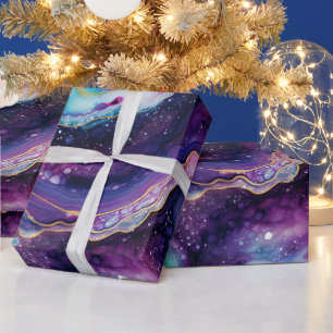 Celestial Agate Abstract Purple Blue Gold Swirls Wrapping Paper