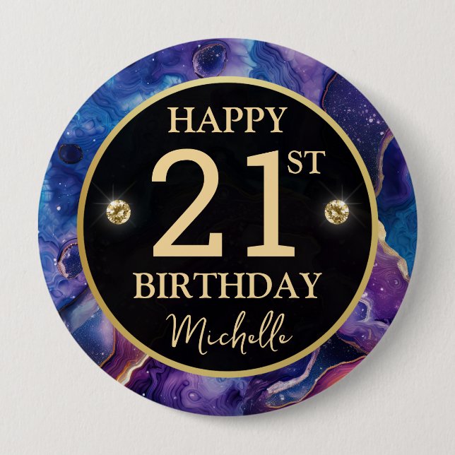Celestial Agate Glitter Birthday Badge 4 Inch Round Button (Front)