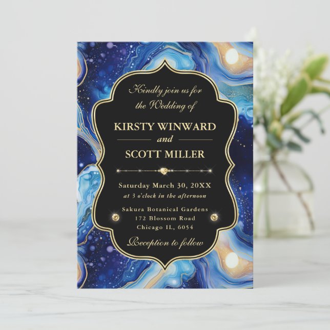 Celestial Agate with Blue & Gold Accents Wedding Invitation (Standing Front)