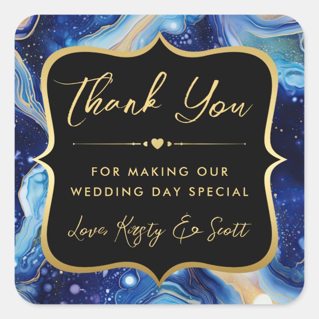 Celestial Agate with Gold & Blue Wedding Square Sticker (Front)