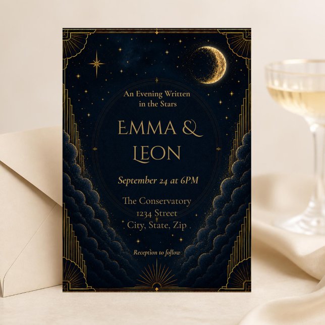 Celestial Art Deco Wedding Invitation | Navy Blue (Elegant navy and gold celestial Art Deco wedding invitation featuring a crescent moon & starry night)