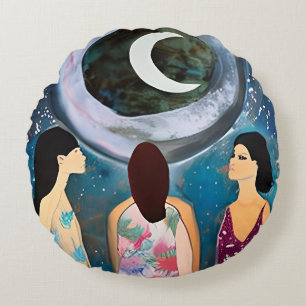 Celestial Artwork Women Looking at the Moon Round Pillow