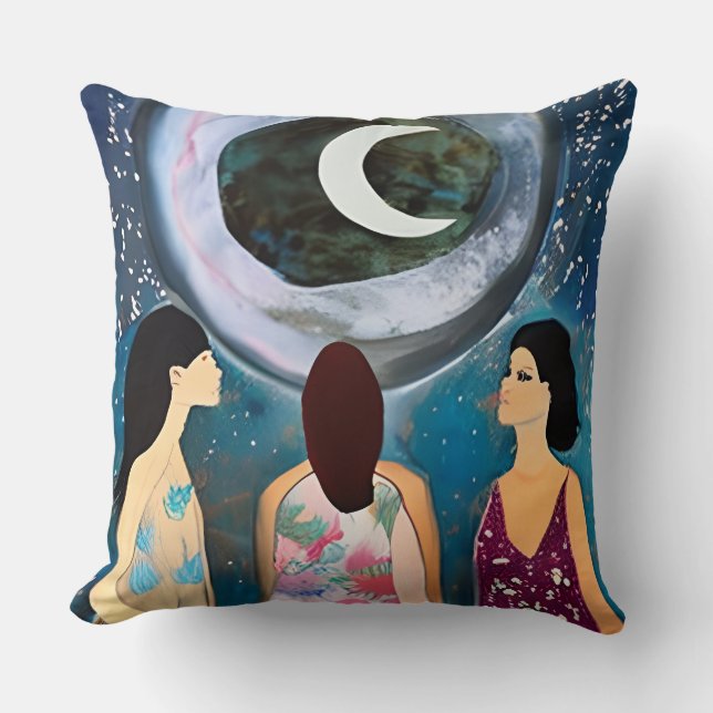 Celestial Artwork | Women Looking at the Moon Throw Pillow (Front)