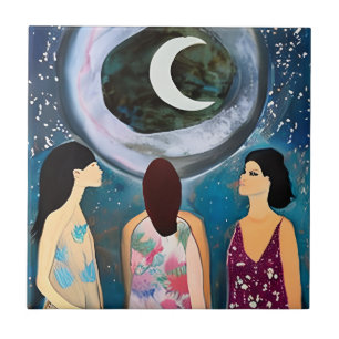 Celestial Artwork Women Looking at the Moon Tile